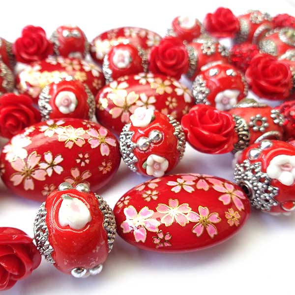 Bohemian Bead Strands Mixed Beads 133 Red Floral