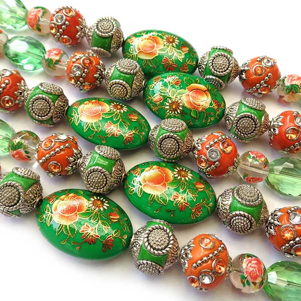Bohemian Bead Strands Mixed Beads 136 Green & Orange