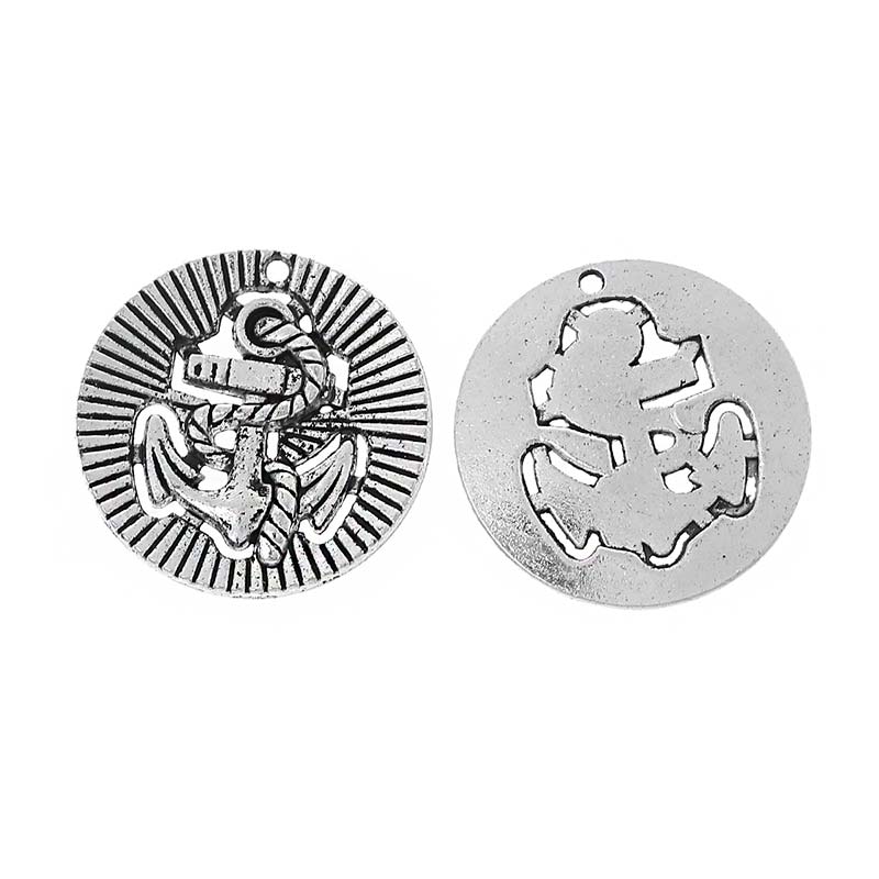 Cast Metal Charm Anchor Coin Round 25mm (4) Antique Silver