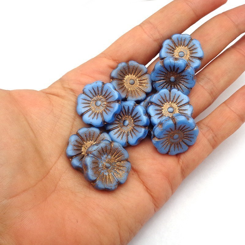 Czech Glass Beads Flower Hawaiian 22mm (1) Matt Blue w/Old Patina Wash