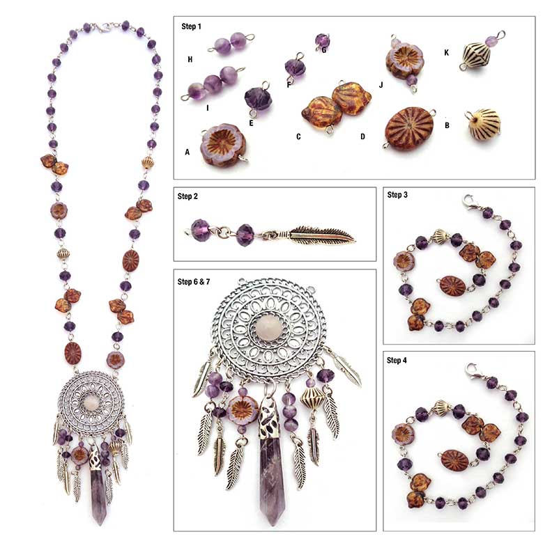 Jewellery Beading Kit Czech Gemstone Dreamcatcher Necklace AMETHYST