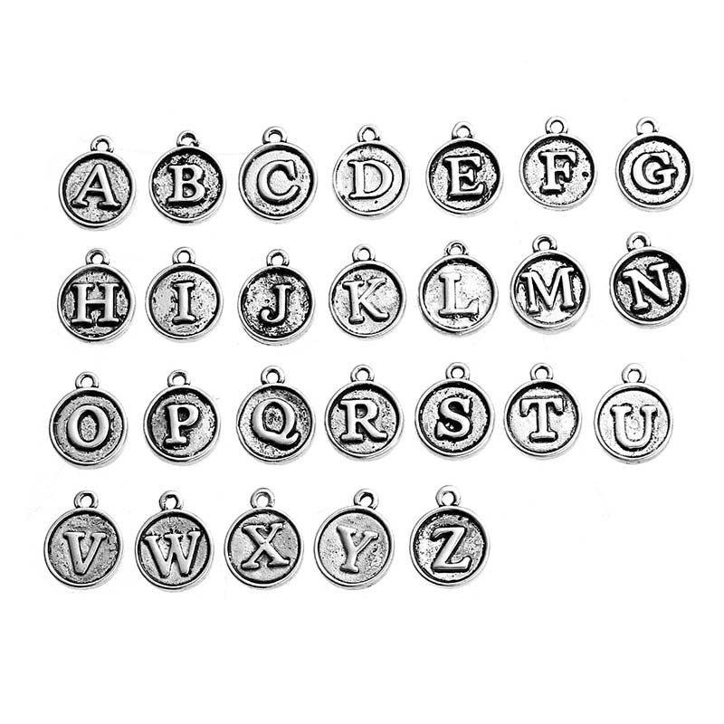 Cast Metal Charm Alphabet Letters Full Set Double Sided Embossed (26) Antique Silver
