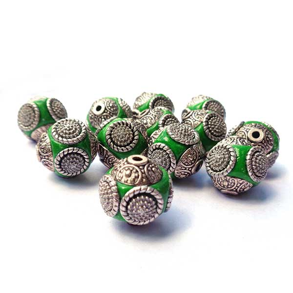 Kashmiri Style Beads Round 15mm (1) Style 001P Green Bright