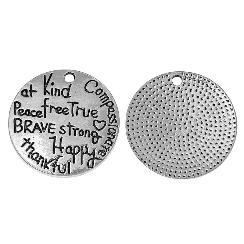 Cast Metal Charm Word Positive Affirmations Round 22mm (1) Antique Silver