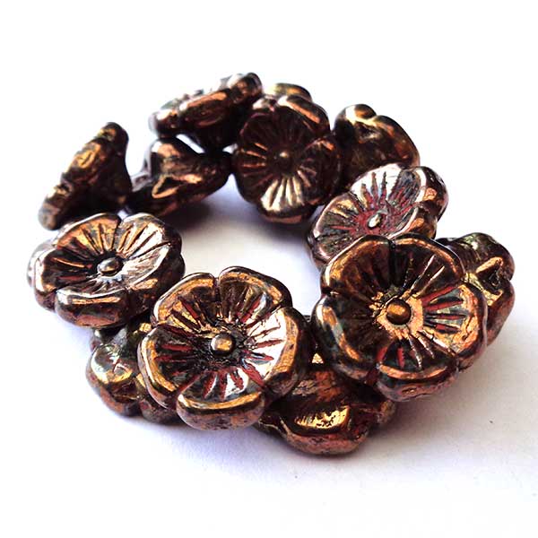 Czech Glass Beads Flower Button 12mm (15)  Black bronze 127