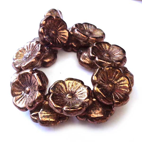 Czech Glass Beads Flower Button 12mm (15)  Copper finish 128