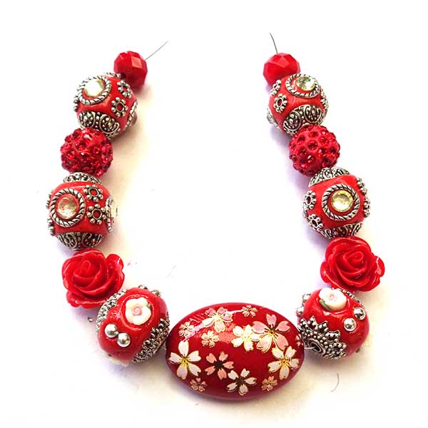 Bohemian Bead Strands Mixed Beads 133 Red Floral