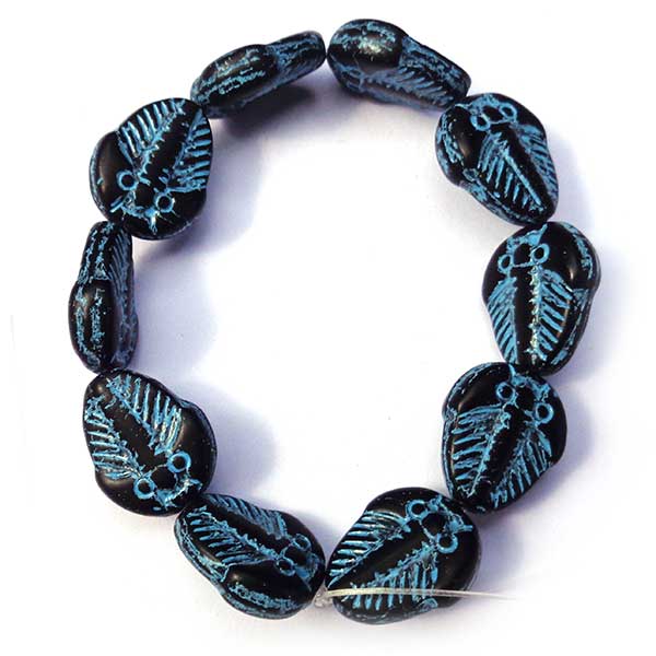 Czech Glass Beads Trilobite Beads 13x11mm (10) Black w/Blue Wash 153