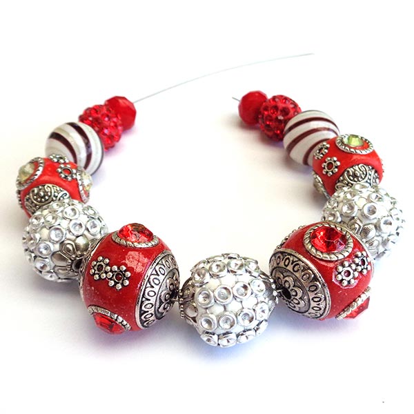 Bohemian Bead Strands Mixed Beads 158 Red & Silver