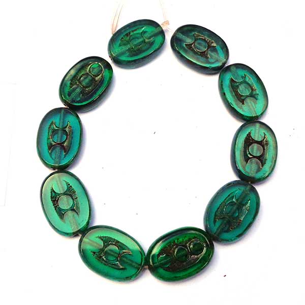 Czech Glass Beads Oval Carved Three Circles 18x12mm (10) Emerald 163