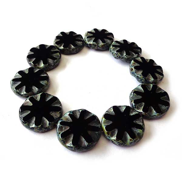 Czech Glass Beads Coin Chunky Carved 18mm (10) Black 185