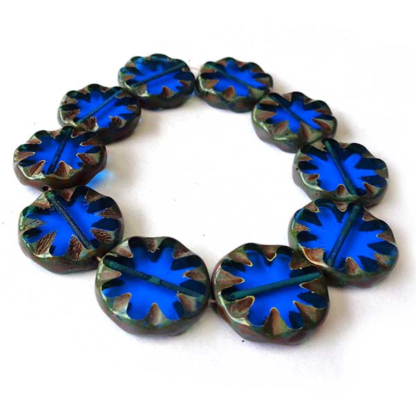 Czech Glass Beads Coin Chunky Carved 18mm (10) Blue 187