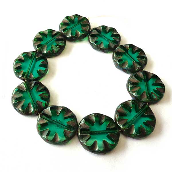 Czech Glass Beads Coin Chunky Carved 18mm (10) Emerald 188