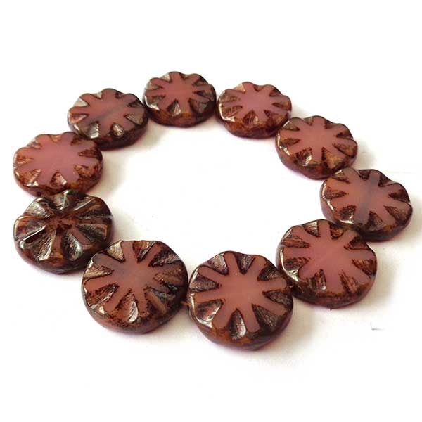 Czech Glass Beads Coin Chunky Carved 18mm (10) Opal Pink w/Picasso 189