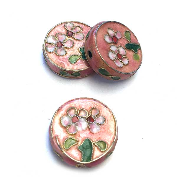 Cloisonne Bead Flat Round 18mm (4) Pink Floral