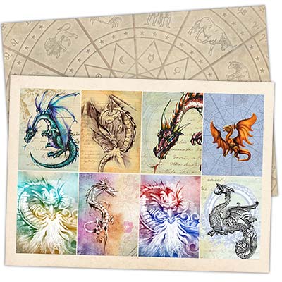 Printed Collage Sheet Dragon 48x35mm Rectangle - 150gsm Coated Paper Patterned Back