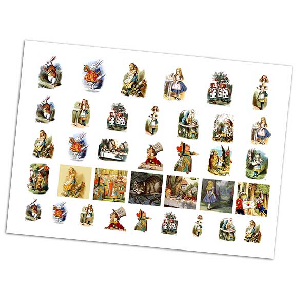 Printed Collage Sheet Alice in Wonderland 18 to 10mm Squares - 150gsm Coated Paper 