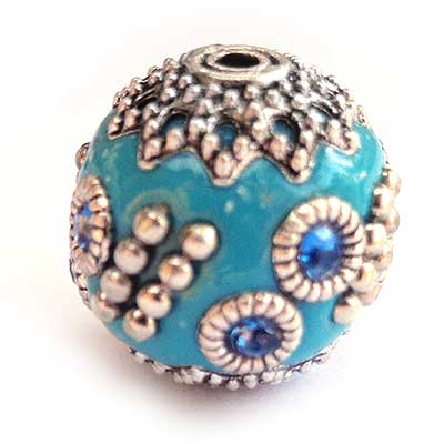Kashmiri Style Beads Round 15mm (1) Style 005C Aqua