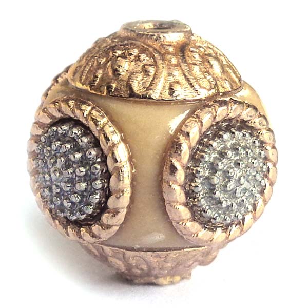 Kashmiri Style Beads Round 15mm (1) Style 001C Light Beige Gold