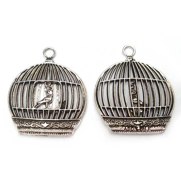 Cast Metal Pendant Bird Cage Double Sided 55x46mm (1) Antique Silver