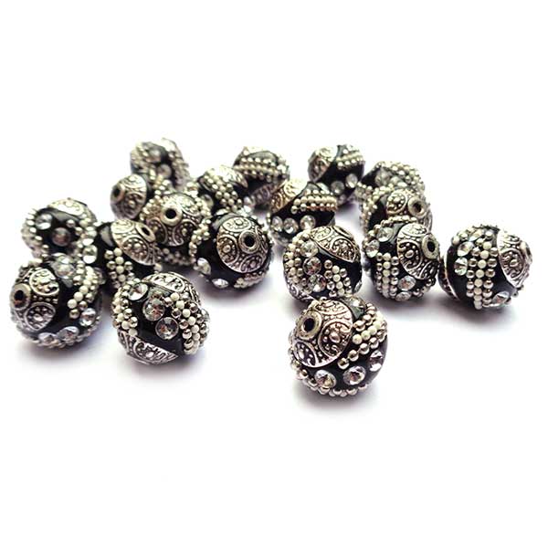 Kashmiri Style Beads Round 15mm (1) Style 007F Black