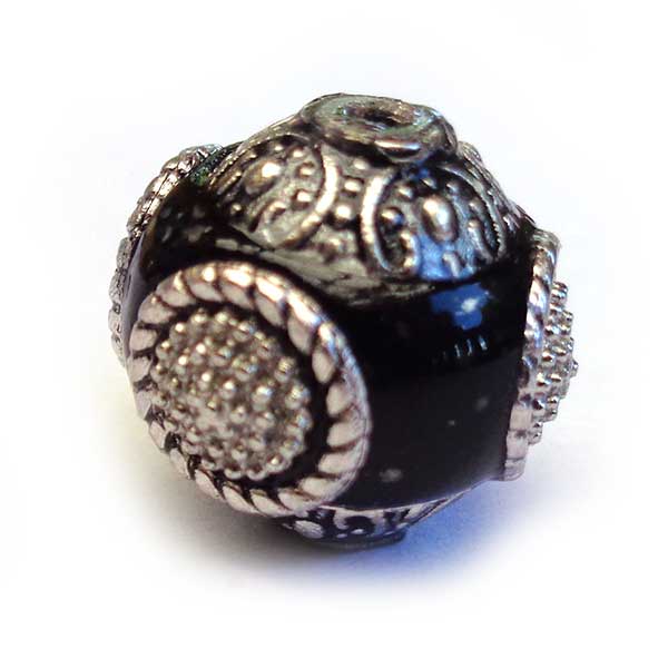 Kashmiri Style Beads Round 15mm (1) Style 001J Black w/Silver Ring
