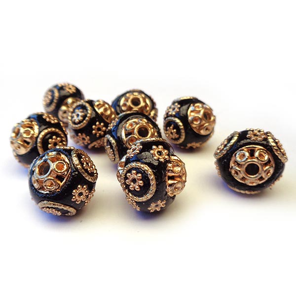 Kashmiri Style Beads Round 15mm (1) Style 012B Gold Black