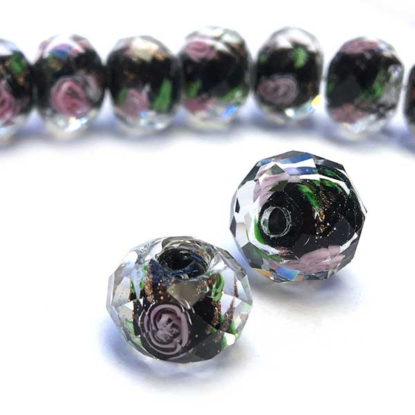 Lampwork Beads Rondelle Roses 12x8mm (1) Black
