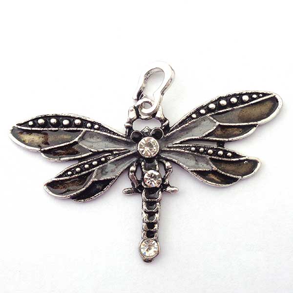 Cast Metal Pendant Dragonfly Traditional w/ Bail Enamel Rhinestone 73x42x6mm (1) Black & Grey Antique Silver