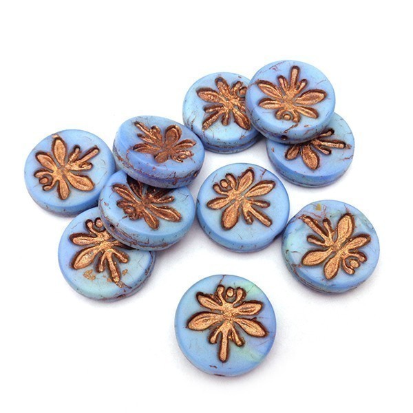 Czech Glass Beads Coin w/Dragonfly 18mm (1) Matt Cornflower Blue w/Old Patina