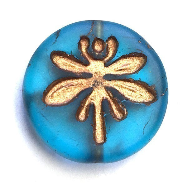 Czech Glass Beads Coin w/Dragonfly 18mm (1) Teal