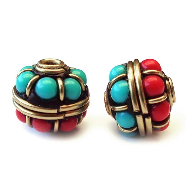 Kashmiri Style Beads Bohemian Round 12x11mm (1) Turquoise, Red, Gold