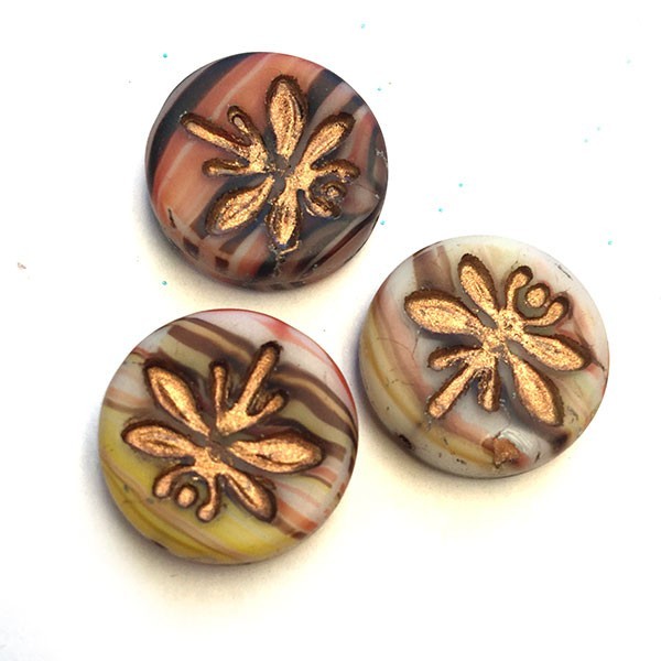 Czech Glass Beads Coin w/Dragonfly 18mm (3) Brown Stripe