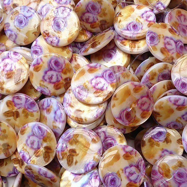 Shell Beads Round Flat Printed 20mm (19) Purple Brown Flowers