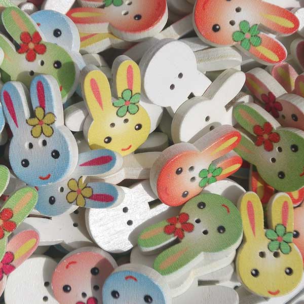 Wooden Buttons Laser Cut Rabbit Easter Bunny 25x16x4mm (10) White Back - Mixed Colours