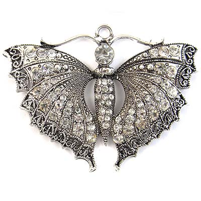 Cast Metal Pendant Butterfly Vintage Rhinestone 51x74mm (1) Crystal - Antique Silver