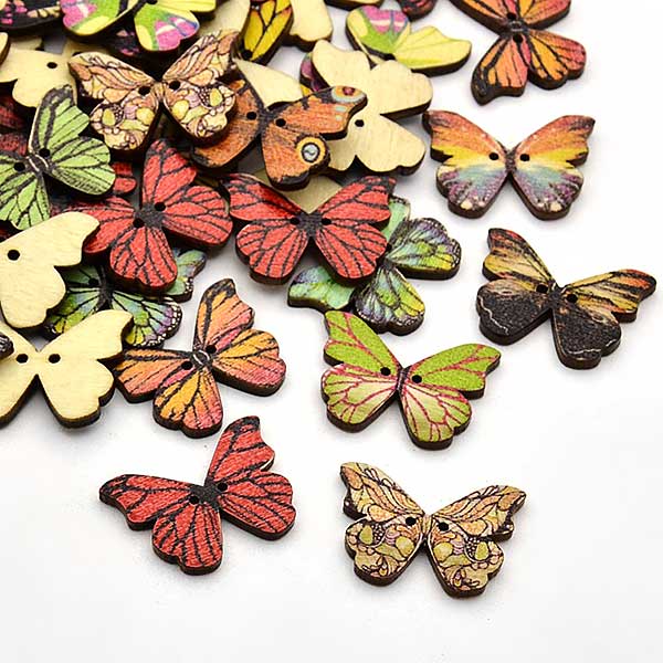 Wooden Buttons Laser Cut Butterfly Medium 28x20mm (10) Natural Back - Mixed Colours