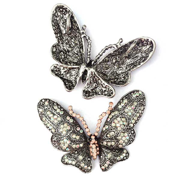 Cast Metal Pendant Butterfly Vintage Rhinestone 70x91mm (1) Crystal & Pink - Antique Silver