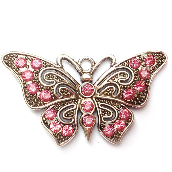 Cast Metal Pendant Butterfly Rhinestone 37x67mm (1) Pink - Antique Silver