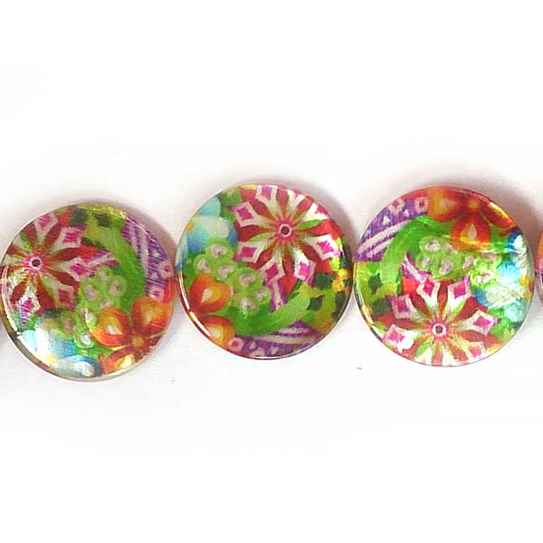 Shell Beads Round Flat Printed 25mm (15) Carnivale