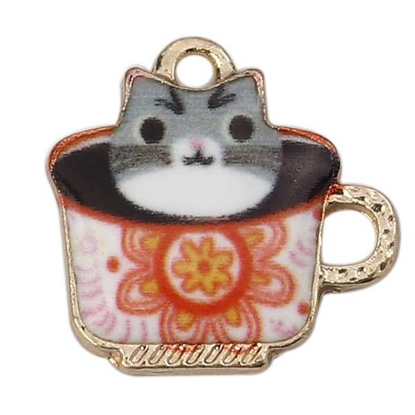 Cast Metal Charm Cats In Cup Enamel Small 15mm (1) Grey Antique Gold