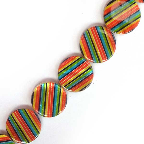 Shell Beads Round Flat Printed 25mm (15) Bright Stripes