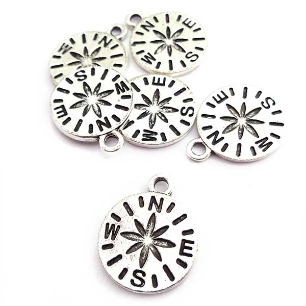 Cast Metal Charm Compass Flat Round 20x16mm (10) Antique Silver
