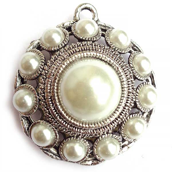 Cast Metal Pendant Round Large Statement Pearl Acrylic 56x49x25mm (1) Antique Silver