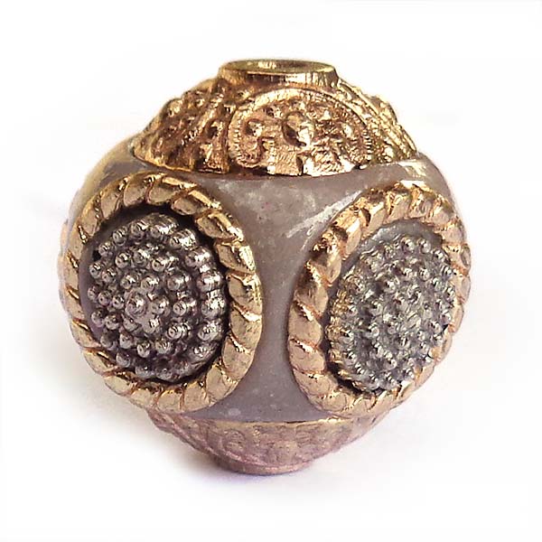 Kashmiri Style Beads Round 15mm (1) Style 001F Dark Beige Gold