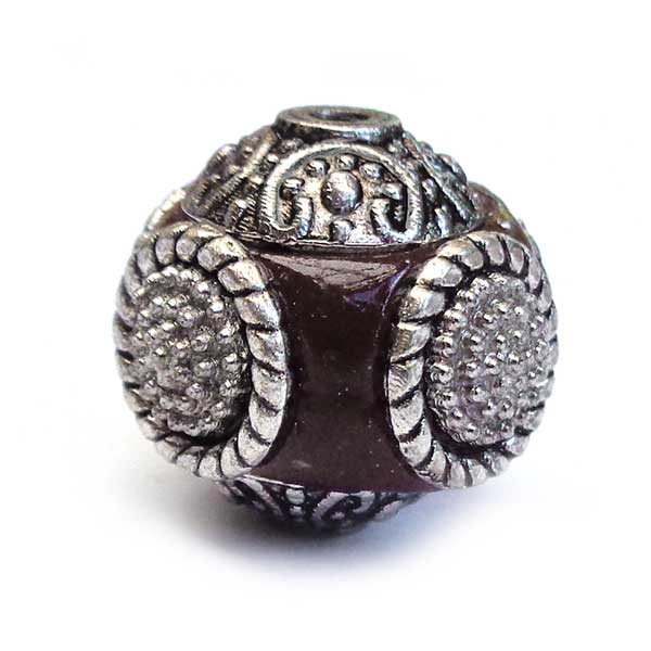 Kashmiri Style Beads Round 15mm (1) Style 001K Dark Brown Silver Ring