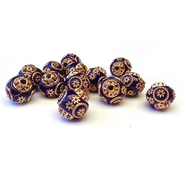 Kashmiri Style Beads Round 15mm (1) Style 012C Gold Dark Purple