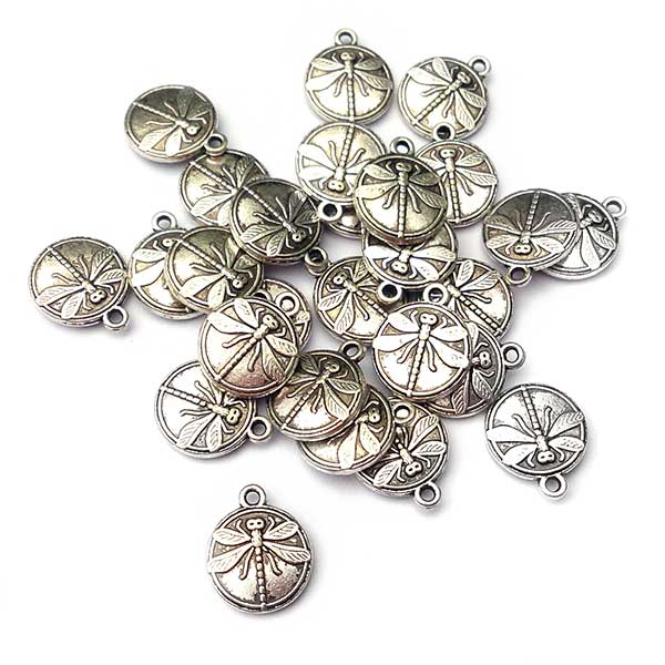 Cast Metal Charm Dragonfly Round Czech Button Style 18x15mm (10) Antique Silver