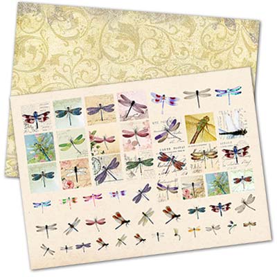 Printed Collage Sheet Dragonfly 18 to 10mm Squares - 150gsm Coated Paper Patterned Back