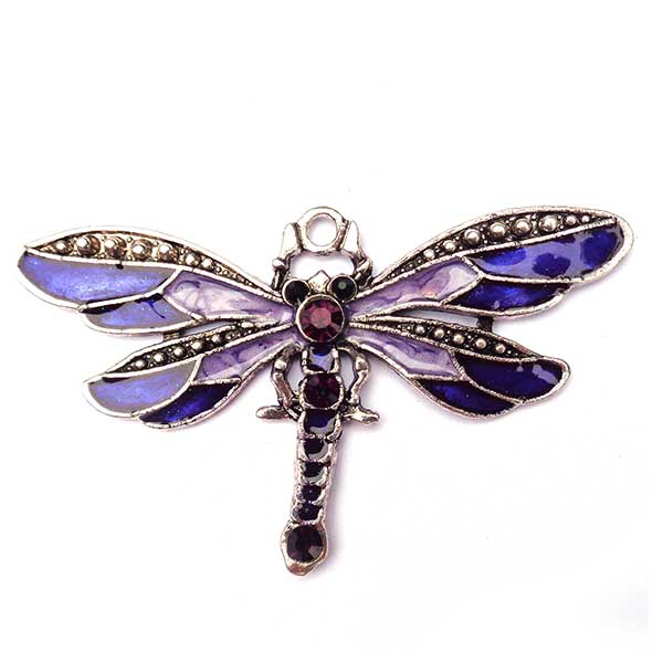 Cast Metal Pendant Dragonfly Traditional Enamel Rhinestone 73x42x6mm (1) Purple Antique Silver
